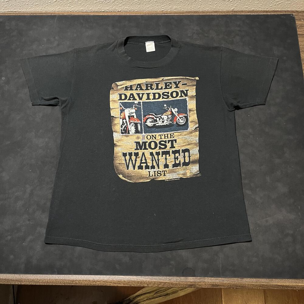 Vintage Harley Davidson Shirt Wanted Posted Large USA Berlin PA 80s 3D Emblem
